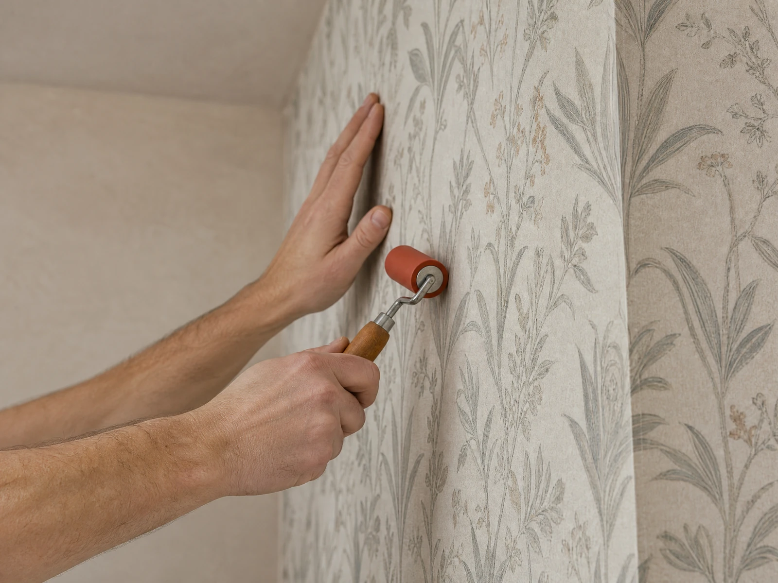 Wallpaper installer smoothing a wallcovering seam