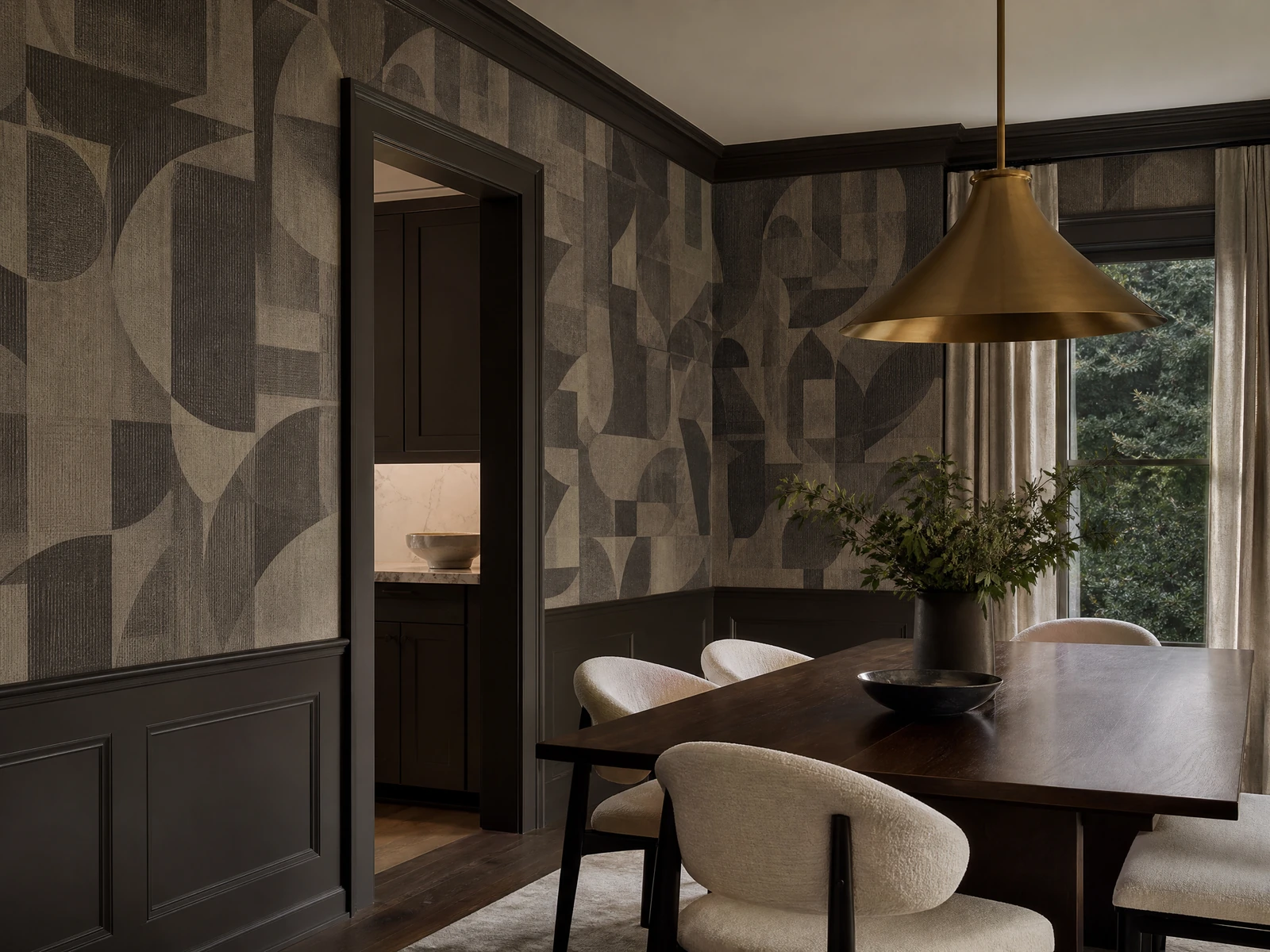 Geometric wallpaper in an elegant dining room