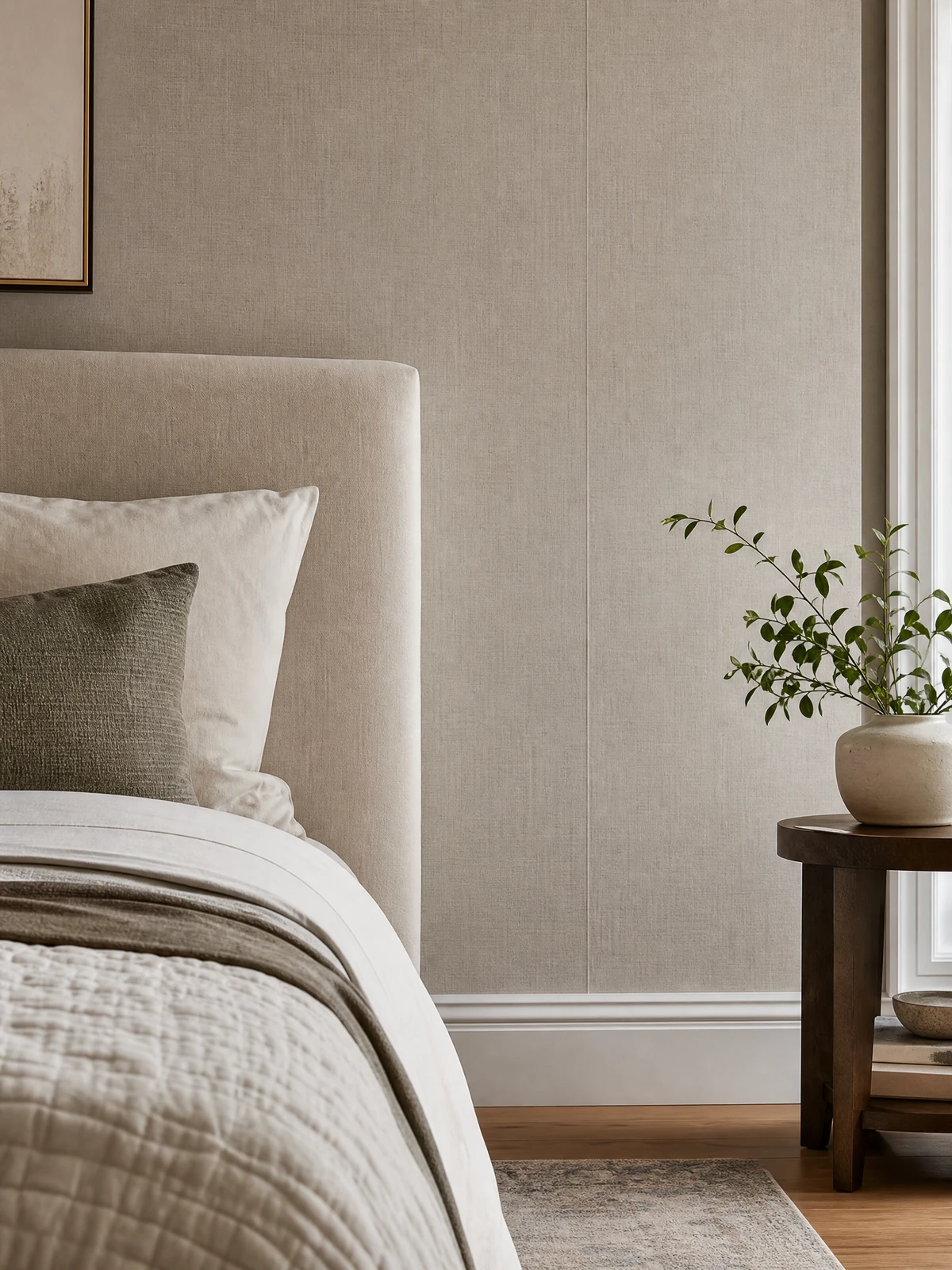 Linen textured bedroom wallpaper with aligned seam